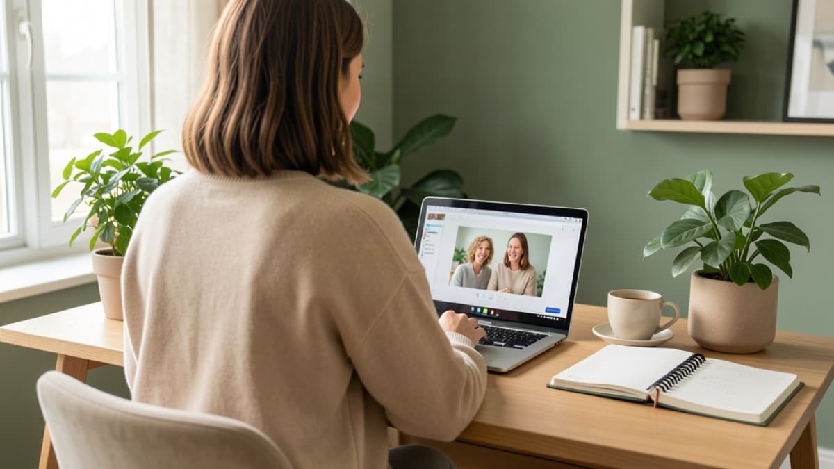 Wellness coach speaking with a client during a calm one-on-one Zoom coaching session