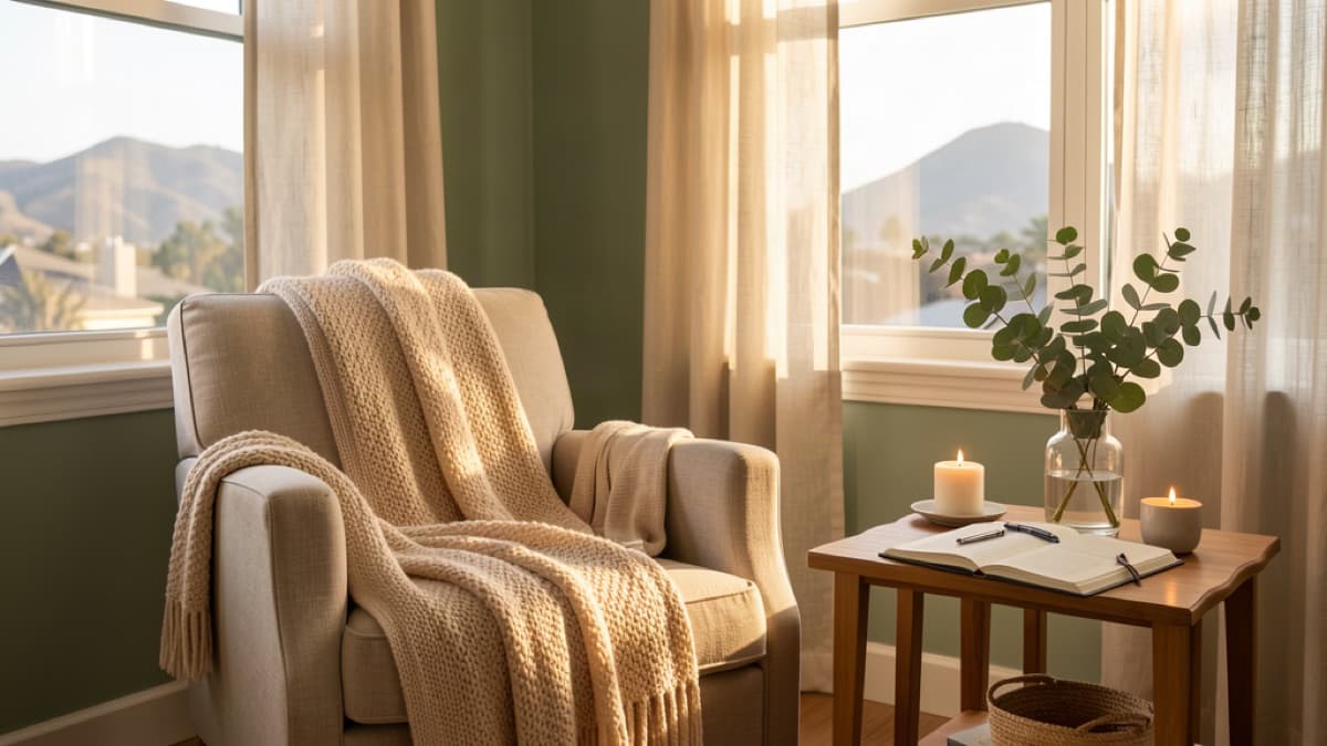 Peaceful Los Angeles home workspace set up for a Zoom wellness coaching session