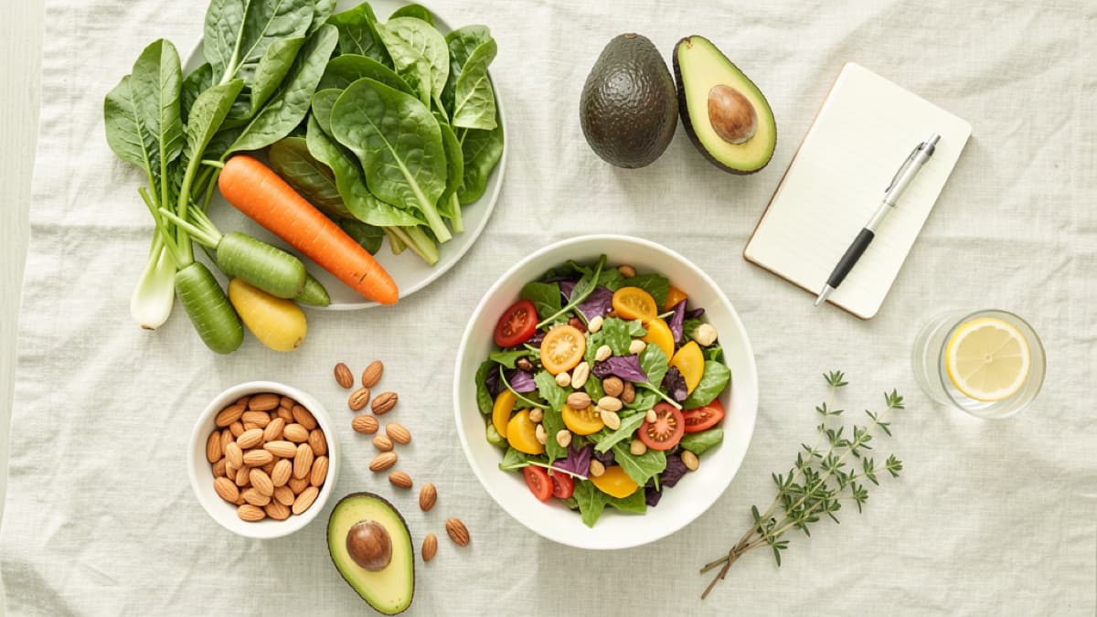 Fresh whole foods, herbs, and a journal arranged for a wellness coaching session